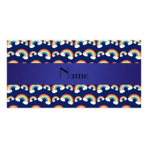 Personalized name navy blue rainbows pattern photo card template