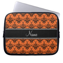 Personalized name Orange black damask Computer Sleeve