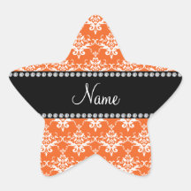 Personalized name orange white damask star sticker