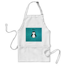 Personalized name penguin turquoise glitter apron