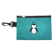 Personalized name penguin turquoise glitter accessory bag