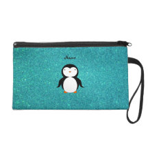 Personalized name penguin turquoise glitter wristlet purse