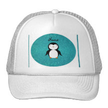 Personalized name penguin turquoise glitter hats