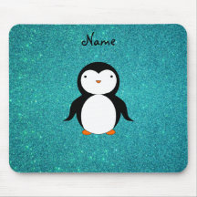 Personalized name penguin turquoise glitter mouse pad