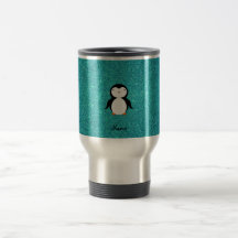 Personalized name penguin turquoise glitter coffee mugs