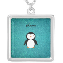 Personalized name penguin turquoise glitter pendants