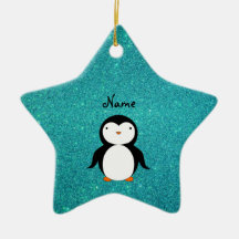 Personalized name penguin turquoise glitter christmas ornament
