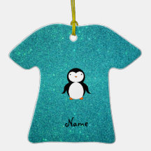Personalized name penguin turquoise glitter ornaments