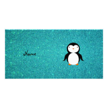 Personalized name penguin turquoise glitter custom photo card