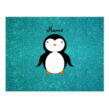 Personalized name penguin turquoise glitter post card