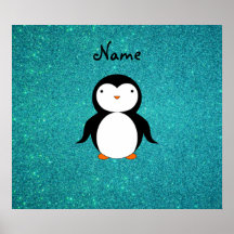Personalized name penguin turquoise glitter posters