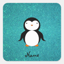 Personalized name penguin turquoise glitter stickers