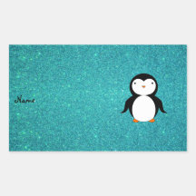 Personalized name penguin turquoise glitter rectangular sticker
