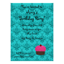 Personalized name pink glitter cupcake damask invites