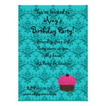 Personalized name pink glitter cupcake damask custom invitations