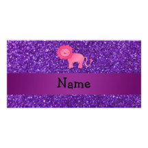 Personalized name pink lion purple glitter photo greeting card