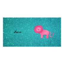 Personalized name pink lion turquoise glitter photo greeting card