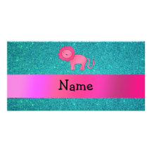 Personalized name pink lion turquoise glitter picture card