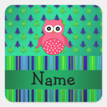 Personalized name pink owl green christmas trees square sticker