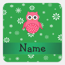 Personalized name pink owl green snowflakes stickers