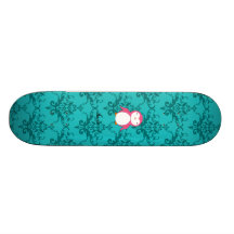 Personalized name pink penguin turquoise damask skate board