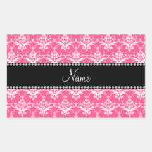 Personalized name pink white damask rectangle sticker