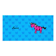 Personalized name pink zebra blue butterflies photo cards