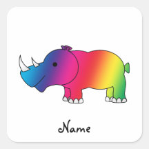 Personalized name rainbow rhino square stickers