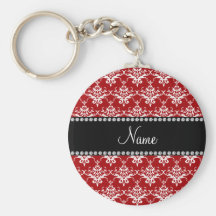 Personalized name red white damask key chain