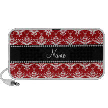 Personalized name red white damask travel speakers