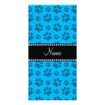 Personalized name sky blue dog paw prints photo card