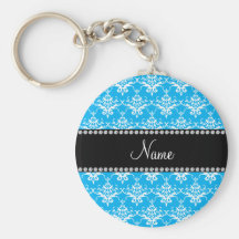 Personalized name sky blue white damask key chains