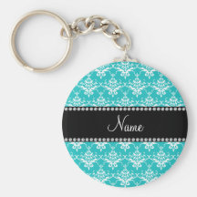 Personalized name turquoise white damask key chain