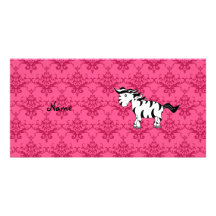 Personalized name zebra pink damask photo cards