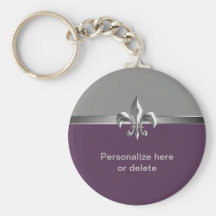 Personalized Silver Eggplant Fleur de Lis Keychain