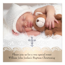 Photo Baptism White Beige Cross Baby Girl Boy Invite