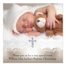 Photo Baptism White Beige Cross Baby Girl Boy Personalised Announcement