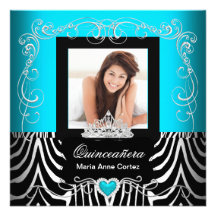 Photo Quinceanera 15th Birthday Teal Blue Zebra Custom Invitation