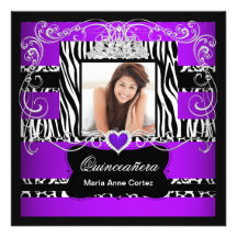 Photo Quinceanera Purple White Black Zebra Cow Invitations