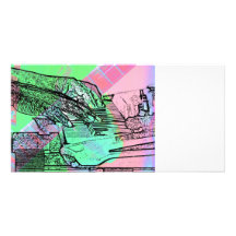 Piano hands over saturated guitar hand neck customised photo card