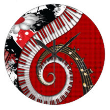 Piano Keys Music Notes Grunge Floral Swirls Wallclock