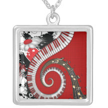 Piano Keys Music Notes Grunge Floral Swirls Pendant