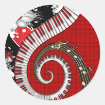 Piano Keys Music Notes Grunge Floral Swirls Round Stickers