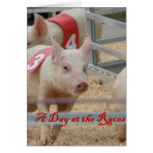 Pig racing, Pig race photograph, pink pig Greeting Card