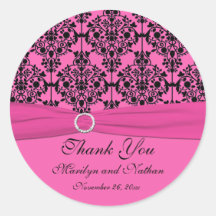 Pink and Black Damask 3" Round Sticker