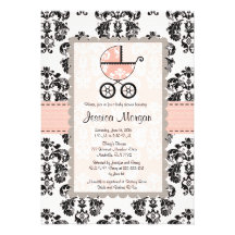 Pink and Black Damask Baby Shower Invitations