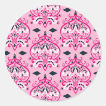 Pink and Black Damask Round Stickers