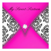 Pink and Black Damask Sweet Sixteen Personalised Invitations