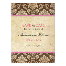 Pink and Brown Damask Wedding Save the Date Invitation