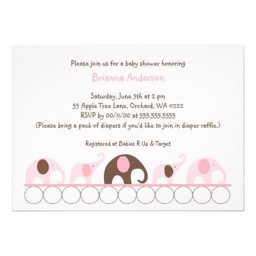 Pink and Brown elephants girl baby shower Invitation